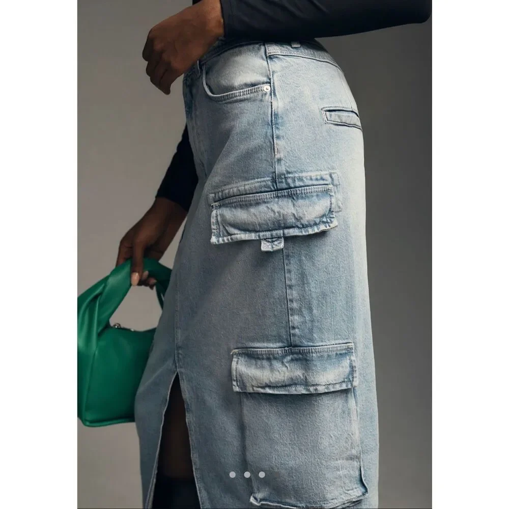Anthropologie Pilcro Midi‎ Skirt Cargo Blue Denim 2